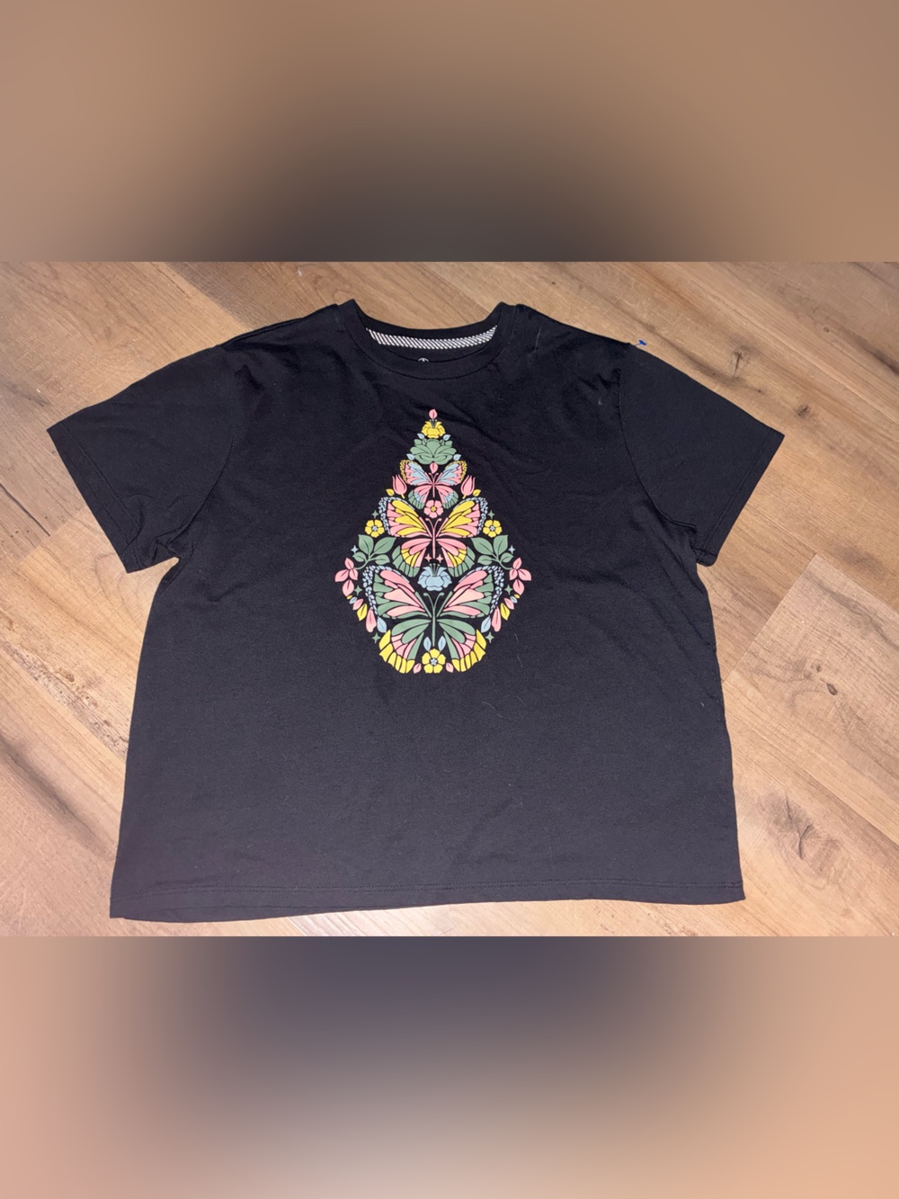 Volcom Black Short Sleeve Tee with Colorful Floral Butterfly Medallion
